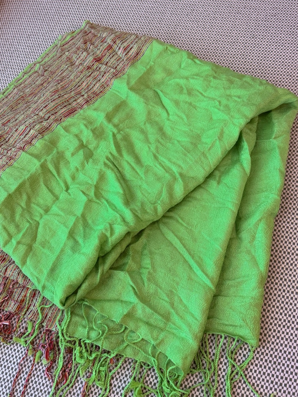 Lightweight Pashmina & Silk Green Fringe Scarf #148